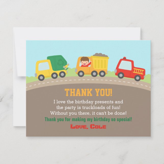 Colourful Trucks Boys Birthday Thank You Card (Front)