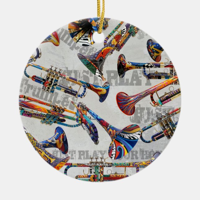Colourful Trumpet Ornament, Trumpet Xmas Juleez Ceramic Tree Decoration (Front)