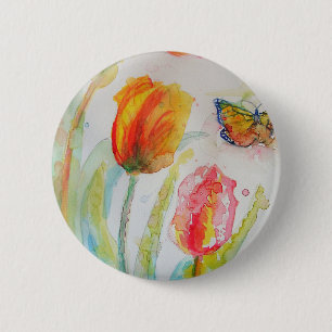 Colourful Tulip and Butterfly Watercolor floral 6 Cm Round Badge
