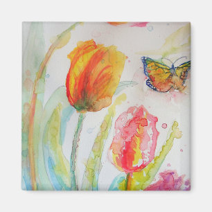Colourful Tulip and Butterfly Watercolor floral Magnet