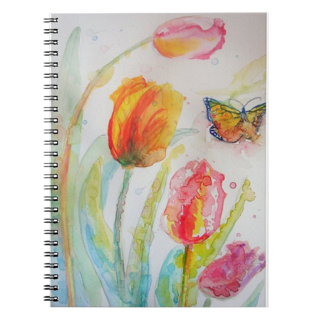 Colourful Tulip and Butterfly Watercolor floral Notebook (Front)