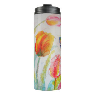 Colourful Tulip and Butterfly Watercolor floral Th Thermal Tumbler