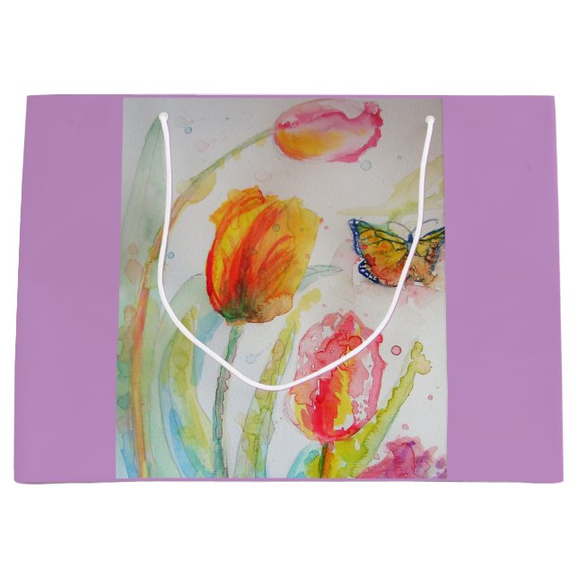 Colourful Tulip and Butterfly Watercolor Gift Bag (Front)