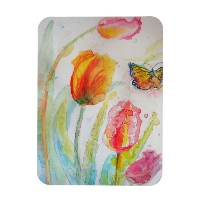 Colourful Tulip and Butterfly Watercolor Greetings Magnet (Vertical)
