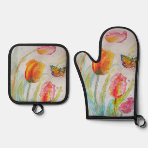 Colourful Tulip and Butterfly Watercolor Painting Oven Mitt & Pot Holder Set
