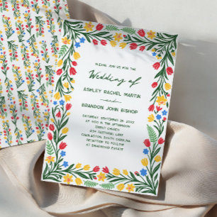 Colourful Tulip and Daffodil Folk Art Wedding Invitation