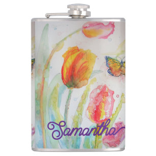 Colourful Tulip Butterfly Watercolor Customizable  Hip Flask