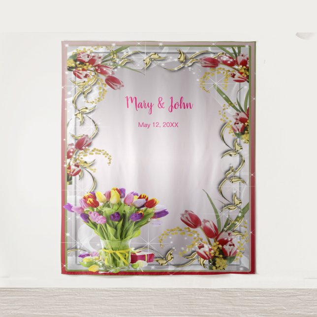 Colourful Tulip Floral Wedding Photo Backdrop Tapestry (Front)
