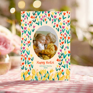 Colourful Tulip Happy Easter Family Photo Greeting Invitation