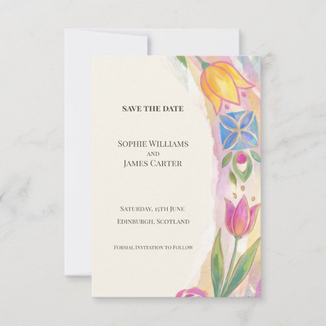 Colourful Tulip Save The Date Card (Front)