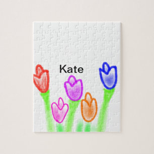 Colourful tulip watercolor add name text modern jigsaw puzzle