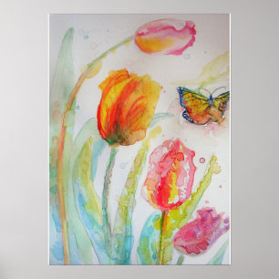 Colourful Tulips and Butterfly Watercolor Poster