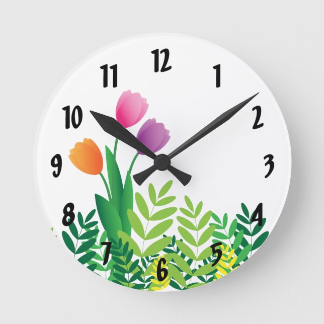 Colourful Tulips and Green Vegetation Round Clock (Front)