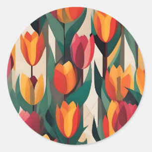 Colourful Tulips Geometric Classic Round Sticker