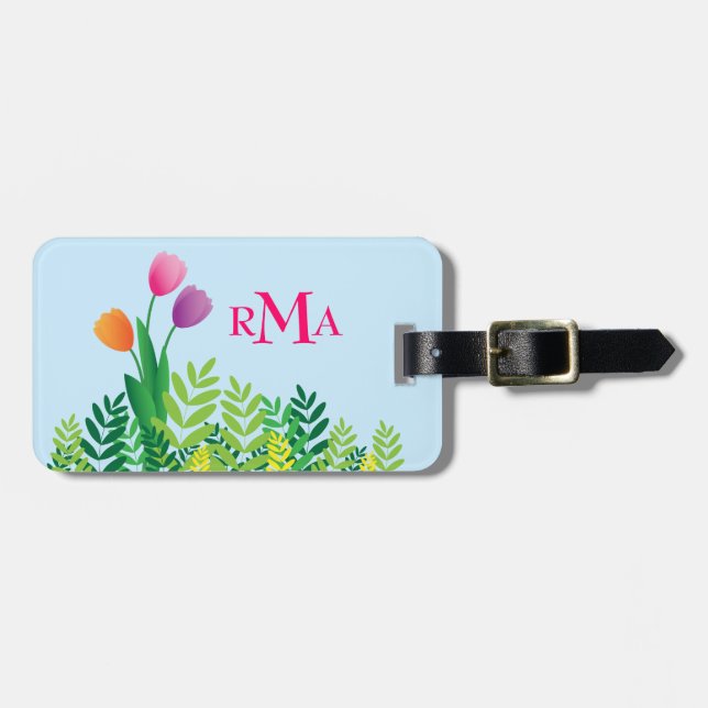 Colourful Tulips, Green Vegetation & Monogram Luggage Tag (Front Horizontal)