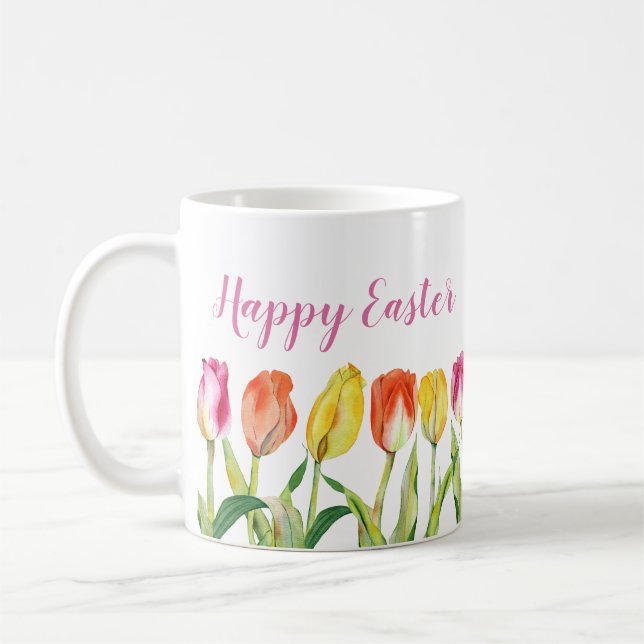 Colourful Tulips Happy Easter Coffee Mug (Left)
