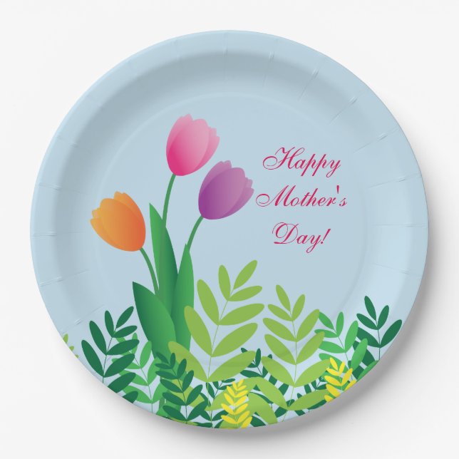 Colourful Tulips, Happy Mother's Day Paper Plate (Front)