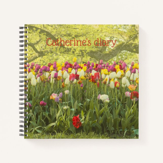 Colourful tulips in a park personalised notebook (Front)