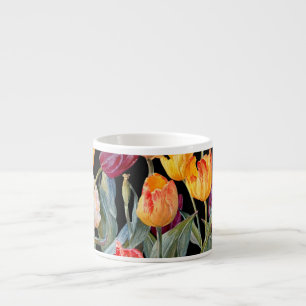 Colourful tulips, isolated black background. espresso cup
