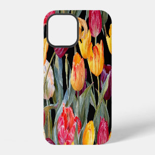 Colourful tulips, isolated black background. iPhone 12 case