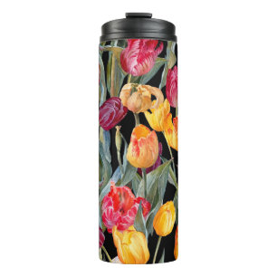 Colourful tulips, isolated black background. thermal tumbler