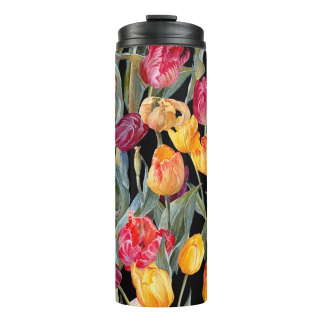 Colourful tulips, isolated black background. thermal tumbler (Front)