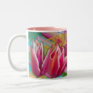 Colourful tulips on painted background, custom nam Two-Tone coffee mug