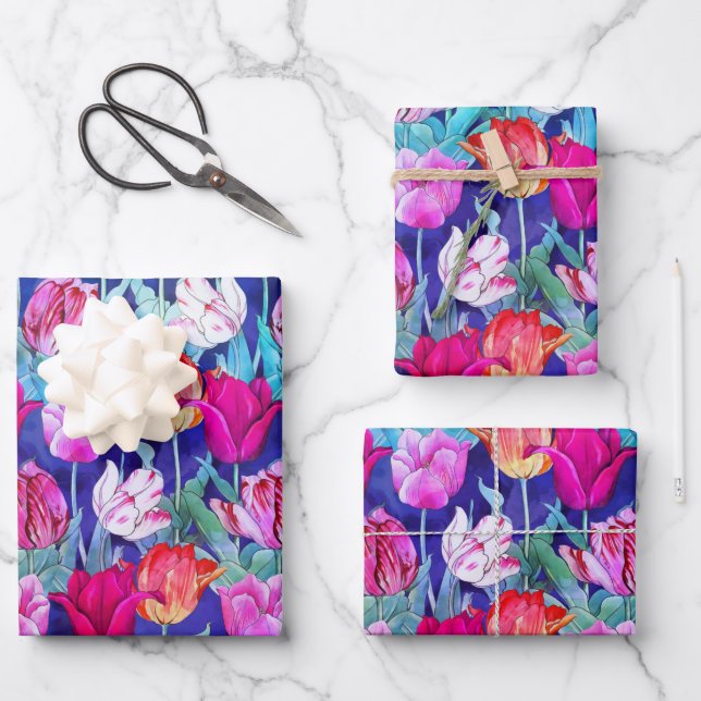 Colourful Tulips Pattern Wrapping Paper Sheet (Front)