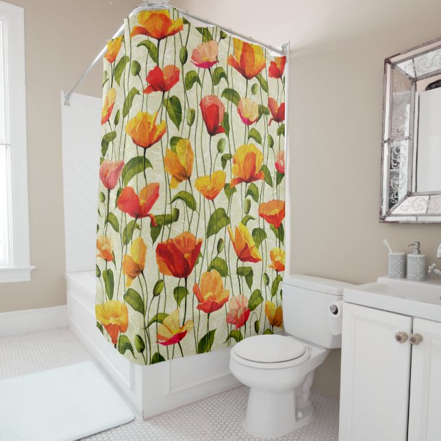 Colourful tulips Patterns With Leaves Veins Shower Curtain (In Situ)
