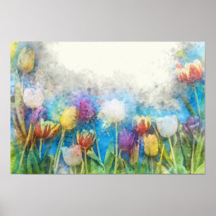 Colourful Tulips watercolor art Poster