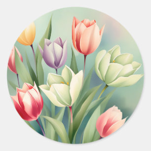 Colourful Tulips Watercolor Romantic Classic Round Sticker