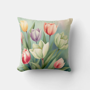Colourful Tulips Watercolor Romantic Cushion