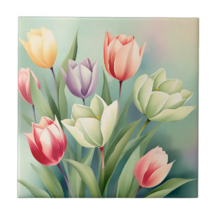 Colourful Tulips Watercolor Romantic Tile