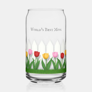 Colourful Tulips & White Picket Fence Custom Gift Can Glass