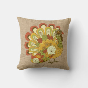 Colourful Turkey on faux Burlap Pillow