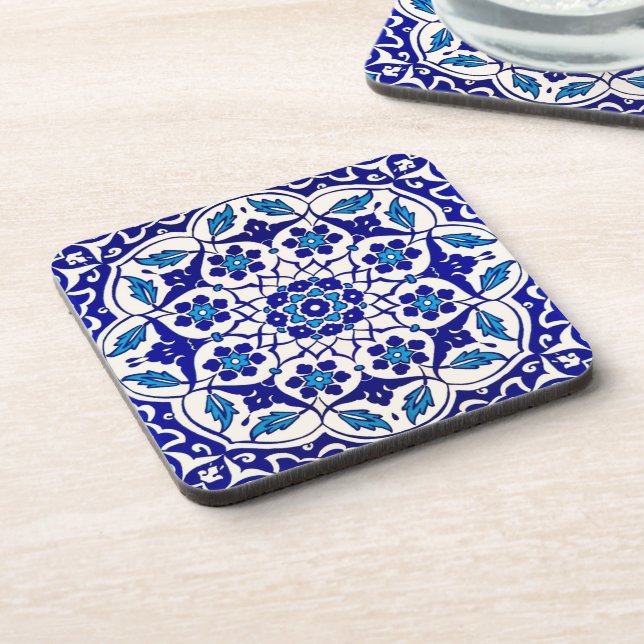 Colourful Turkish Ottoman Iznik Blue Tile Motif Coaster (Left Side)