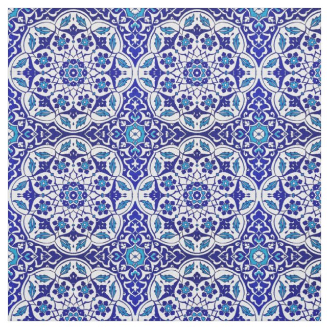 Colourful Turkish Ottoman Iznik Blue Tile Motif Fabric (Swatch)
