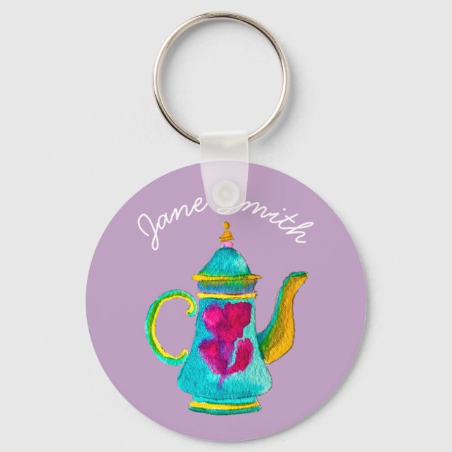 Colourful Turkish teapot watercolor Key Ring (Front)