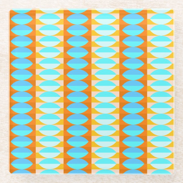Colourful Turquoise Blue Orange Yellow Pattern Glass Coaster (Front)