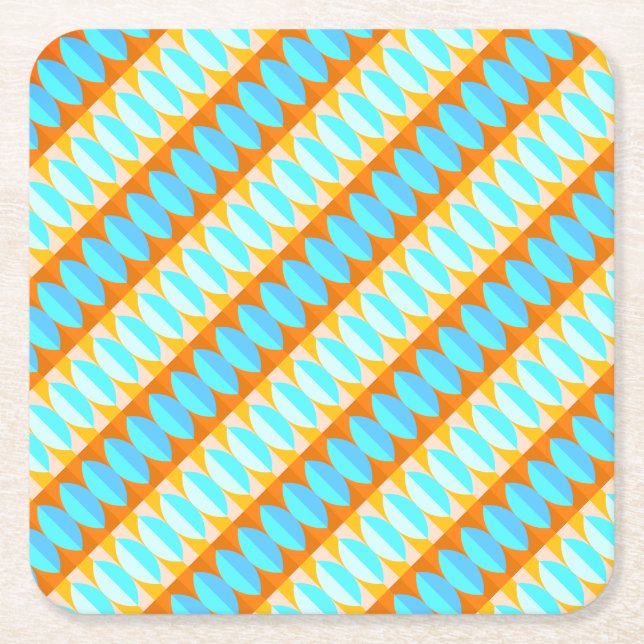Colourful Turquoise Blue Orange Yellow Pattern Square Paper Coaster (Front)