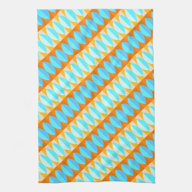 Colourful Turquoise Blue Orange Yellow Pattern Tea Towel (Vertical)