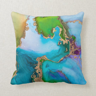 Colourful Turquoise Green Gold Foil Watercolor Cushion