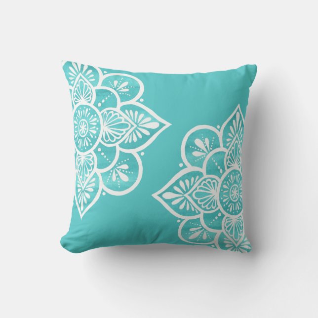 Colourful Turquoise White Mandala  Cushion (Front)