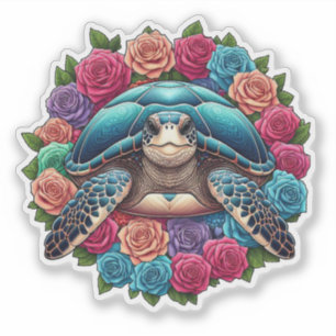 Colourful Turtle Illustration Surrounded by Roses
