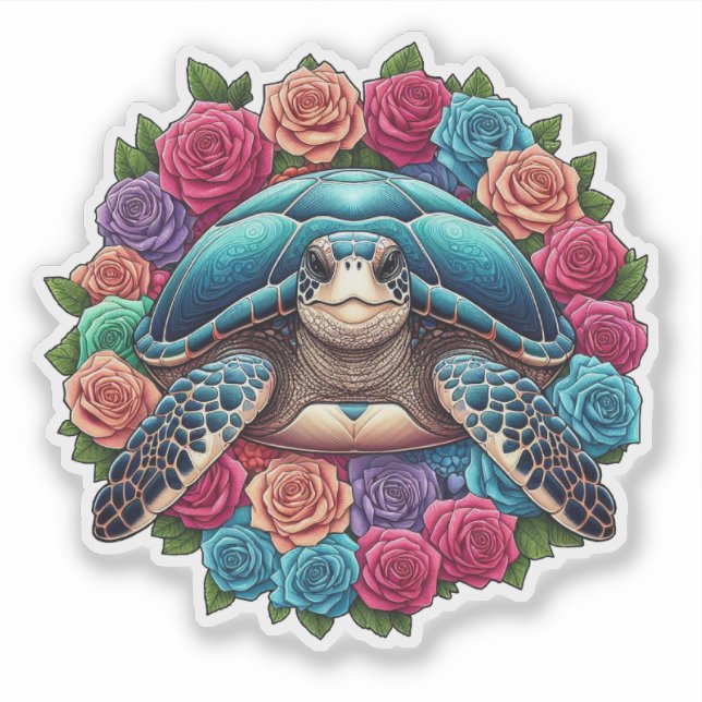 Colourful Turtle Illustration Surrounded by Roses (Front)