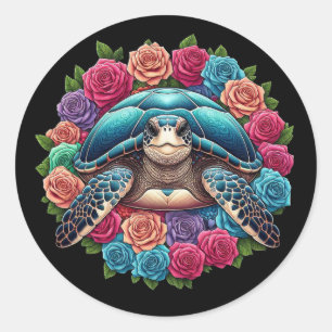 Colourful Turtle Illustration Surrounded by Roses Classic Round Sticker