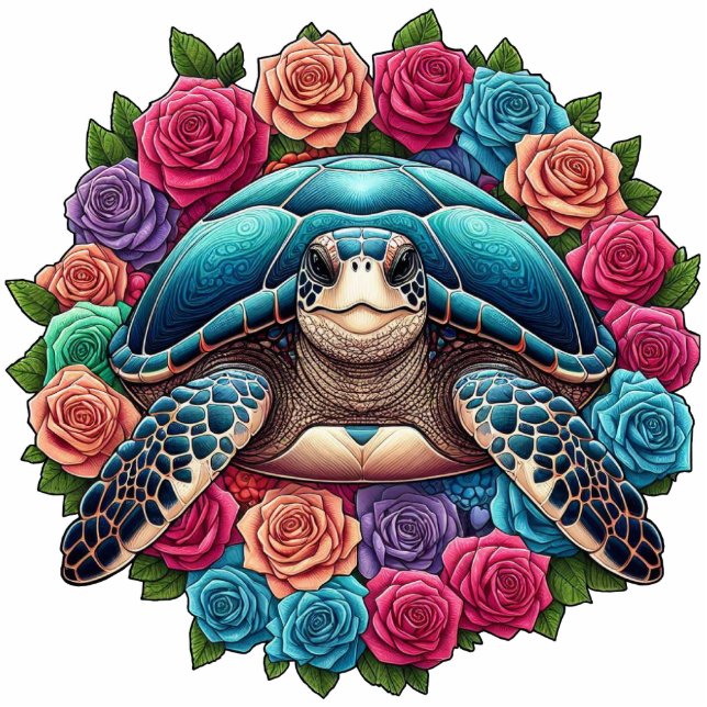Colourful Turtle Illustration Surrounded by Roses Standing Photo Sculpture (Front)