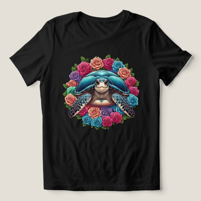 Colourful Turtle Illustration Surrounded by Roses Tri-Blend Shirt (Design Front)