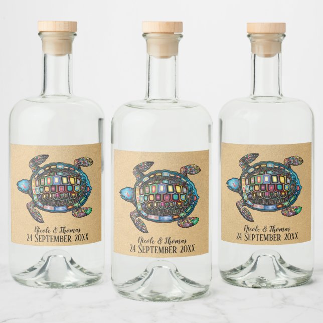 Colourful Turtle Sandy Beach Liquor Bottle Label (Bottles)