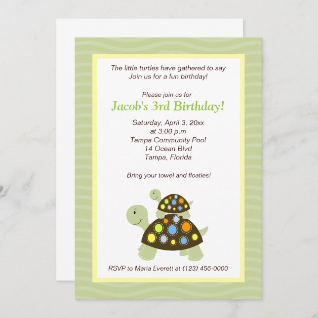 Colourful Turtles 5x7 Birthday Invitation - Green (Front/Back)